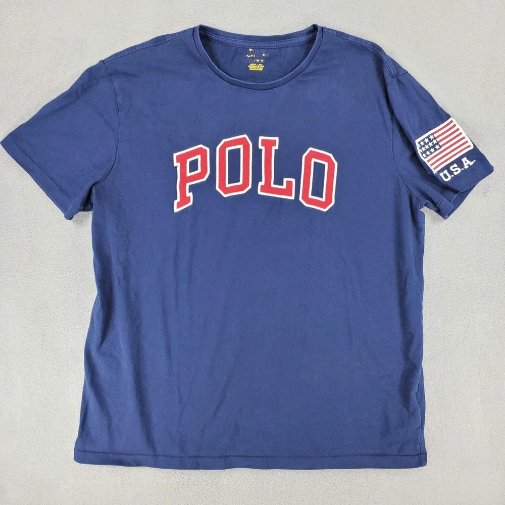 Polo Ralph Lauren T Shirt Men Large Blue Classic Fit Embroidered USA Flag‎ Patch